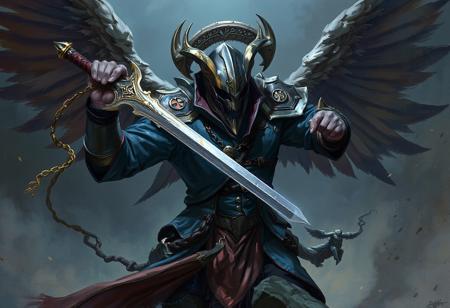 Create a highly detailed digital painting of a warhammer wielding a sword, inspired by the styles of Thomas Gambier Parry, John Jude Palencar, and Greg Rutkowski. Incorporate a harmony blue jacket, cloth banners, and insignia, while maintaining a sense of elegance and intricacy. Ensure the composition follows the golden ratio and features micro and lifelike details. The artwork should evoke a sense of an 'unholy abomination' and convey the idea that 'the angels are crying'.
