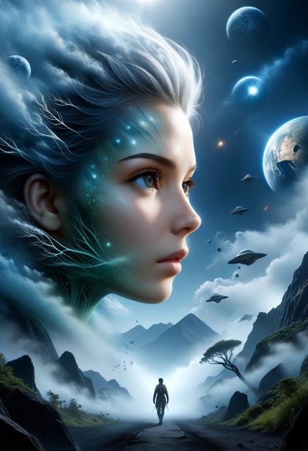 Conceptual art. Double exposure collage. 16K. UHD. high quality, 
photorealism. Diorama. Fog. Dynamic plot of the film "After Earth". science fiction series. Mystic. Stunning full color design, 
sharp focus, 
studio shot, 
intricate details, 
high detail, 
detailed anatomy. Hyperrealism.