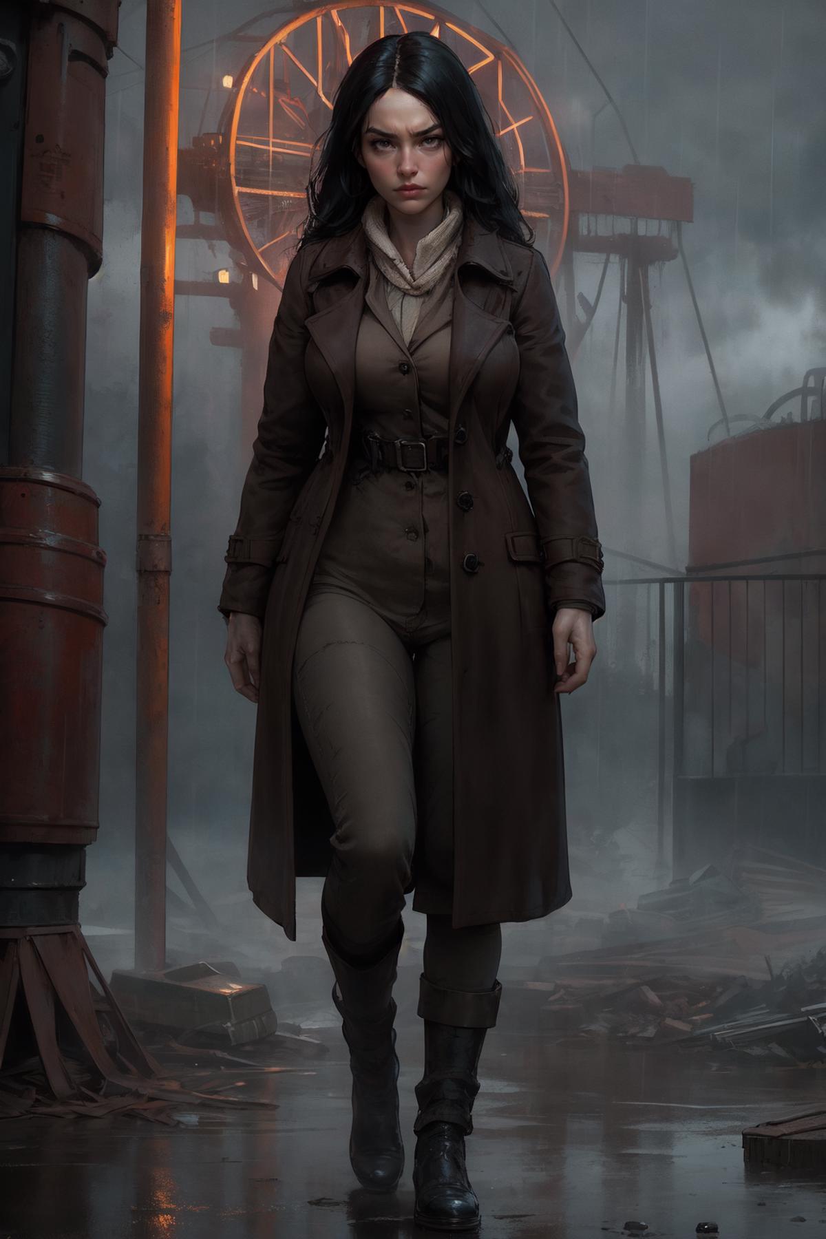 Woman in a trench coat and boots walking in a dark alley.