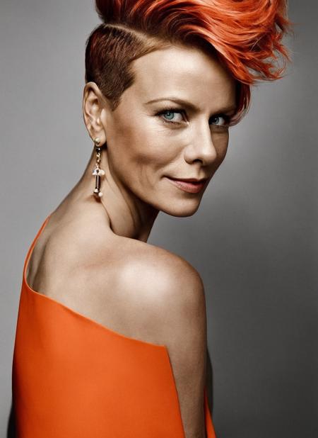 <lora:lora_anita_werner:1>, portrait of ((sks woman)) by Flora Borsi, style by Flora Borsi, bold, bright colours, orange Mohawk haircut, ((Flora Borsi))