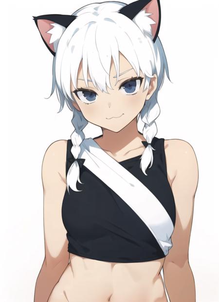 naked girl, white hair, braids, two tone hair, gradient eyes, midriff, perfect skin, perfect lighting, simple white background, bedroom_eyes, cat_ears, :3, smirk, loose fitting crop top, sleeveless, 
 <lora:evanicle_stlye:1>