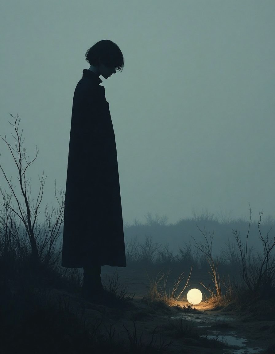 A figure in a long dark coat standing, looking down at a bright white glowing orb that rests among bare branches and grass at ground level. The setting is a desolate landscape, with leafless and sparse vegetation scattered throughout the foreground and background. The lighting creates a stark contrast between the dark silhouette of the figure and the bright orb, while the rest of the scene remains in dim, overcast conditions under a gray sky.