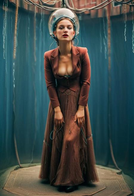 Create an image of an female Slender translucent dark-red skinned female, Long billowing dress Made of cables and hoses, standing at a corner, peeking out curiously. It is wearing a vintage suit with a hat and tie. The colors of the image should be vibrant dark-blue water, giving it a vintage look. The background is a downtown area on a sunny morning, with birds visible in the scene.
 volumetric lighting, atmospheric haze, Film grain, cinematic film still, shallow depth of field, highly detailed, high budget, cinemascope, moody, epic, OverallDetail, gorgeous, 2000s vintage RAW photo, photorealistic, candid camera, color graded cinematic, atmospheric lighting, skin pores, imperfections, natural, shallow dof,