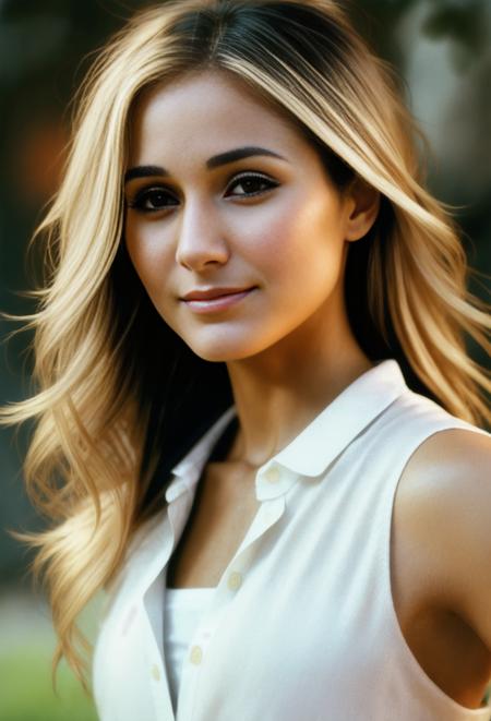 face shot of emannuelle2, (serious look), (blonde medium length hair), (hand on chin), Photorealistic, Hyperrealistic, Hyperdetailed, analog style, hip cocked, demure, detailed skin, matte skin, soft lighting, subsurface scattering, realistic, heavy shadow, masterpiece, best quality, ultra realistic, 8k, golden ratio, Intricate, High Detail, film photography, soft focus, detailed skin texture, (blush:0.5), (goosebumps:0.5), subsurface scattering