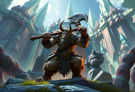 Create a vibrant, concept art of an orc warrior, wielding an axe at the entrance of a crystal fortress, as seen in the style of artgerm. Incorporate elements of grafit and tauren art. Utilize phong shading and Ambient Occlusion (OSL) techniques to achieve a 360-degree view effect. Ensure the image conveys an award-winning, authentic, and authentic style.