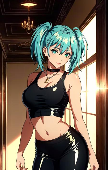 <lora:Ryofu Housen:1> Ryofu Housen, green eyes, twintails, green hair, short twintails, upper_body, choker, necklace, Beautiful Detailed Eyes, ((Standing, leaning over)), (((crop top dress, Black Leggings, Boots,))) upper body, hallway, perfect lighting, ((shining face, shining body)), seductive look, perfect face, make up, eye shadow, gloss lips ((mature_woman)), ((adult woman)), ((gorgeous)), (iluminated face),(perfect quality), Extremely beautiful, perfect, hour glass body, (masterpiece:1.2), (best quality:1.2), cinematic, perfect skin, perfect lighting, textured skin, detail, beauty, wonder, sharp focus, ultra-detailed, illustration, perfect face, ((gorgeous)), Extremely beautiful, perfect, detailed background, alluring, standing, (detailed background, intricate background:1.1), beautiful, ((Extremely Detailed)), ((Best Quality)), ((Masterpiece)), ((4k))