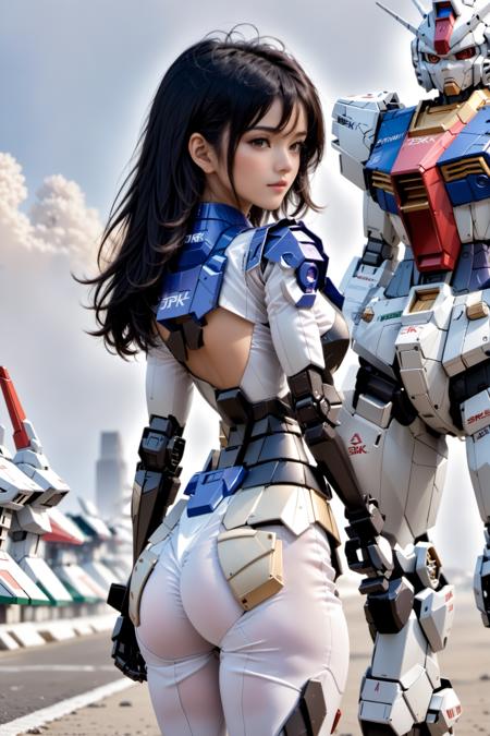 (8k, RAW photo, best quality, masterpiece:1.3), realistic, <lora:sdxl_loha_RX78_v2:0.2>, 1girl, naked back, mecha armor