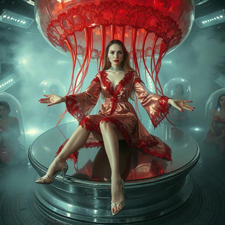 tall slender elegant slavic lady , sits in giant  transparent (inverted jellyfish)   laying at  mirror disk bed,  entangled in its tentacles, dressed in vintage long lace trim red foil  dressing robe , spreading wide her pefect legs in high heels, surrounded by cocoons with encased beauties at background, sci-fi, scifi, mind control, silver slave collar, brainwash machine, breeding chamber, steel, foil, fog, hypno, romance, poison, lipstick, long hair, heavy makeup, 1950s hairstyle, red nails, long hair, green eyes, sharp cheekbones, ultra thin waist , mysterious, alien spaceship, space, radiating, laser, dramatic lighting, epic hollywood movie still, sharp focus, emitting diodes, smoke, artillery, sparks,  horror, fashion look, hollywood, vogue makeup, porcelain skin, long haired, ultrathin waisym reminiscent of H.R. Giger, Zdzisław Beksinski, and Ash Thorp's dark, sleek styles, with close-up glamour photography, glossy satin and silver heels glistening, fleshy slime dripping, and dark shadows.