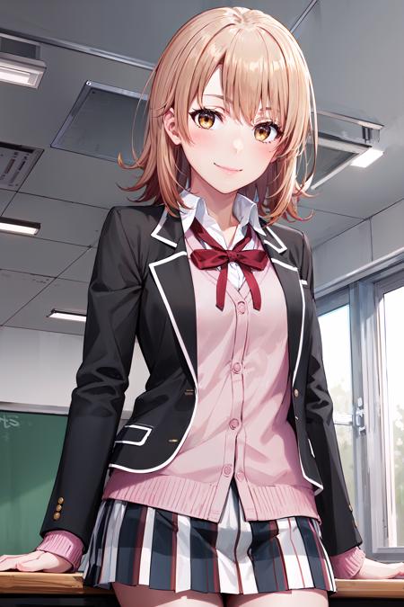 masterpiece, best quality, cowboy shot, looking at viewer, smile, iroha isshiki, short hair, school uniform, cardigan, black jacket, open jacket, ribbon, plaid skirt, kneehighs, indoors, classroom, <lora:iroha_isshiki_v2:0.9>