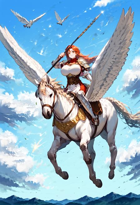 pegasus knight, horse, horseback riding, pegasus, shoulder armor, breastplate, pegasus knight uniform \(fire emblem\), holding polearm