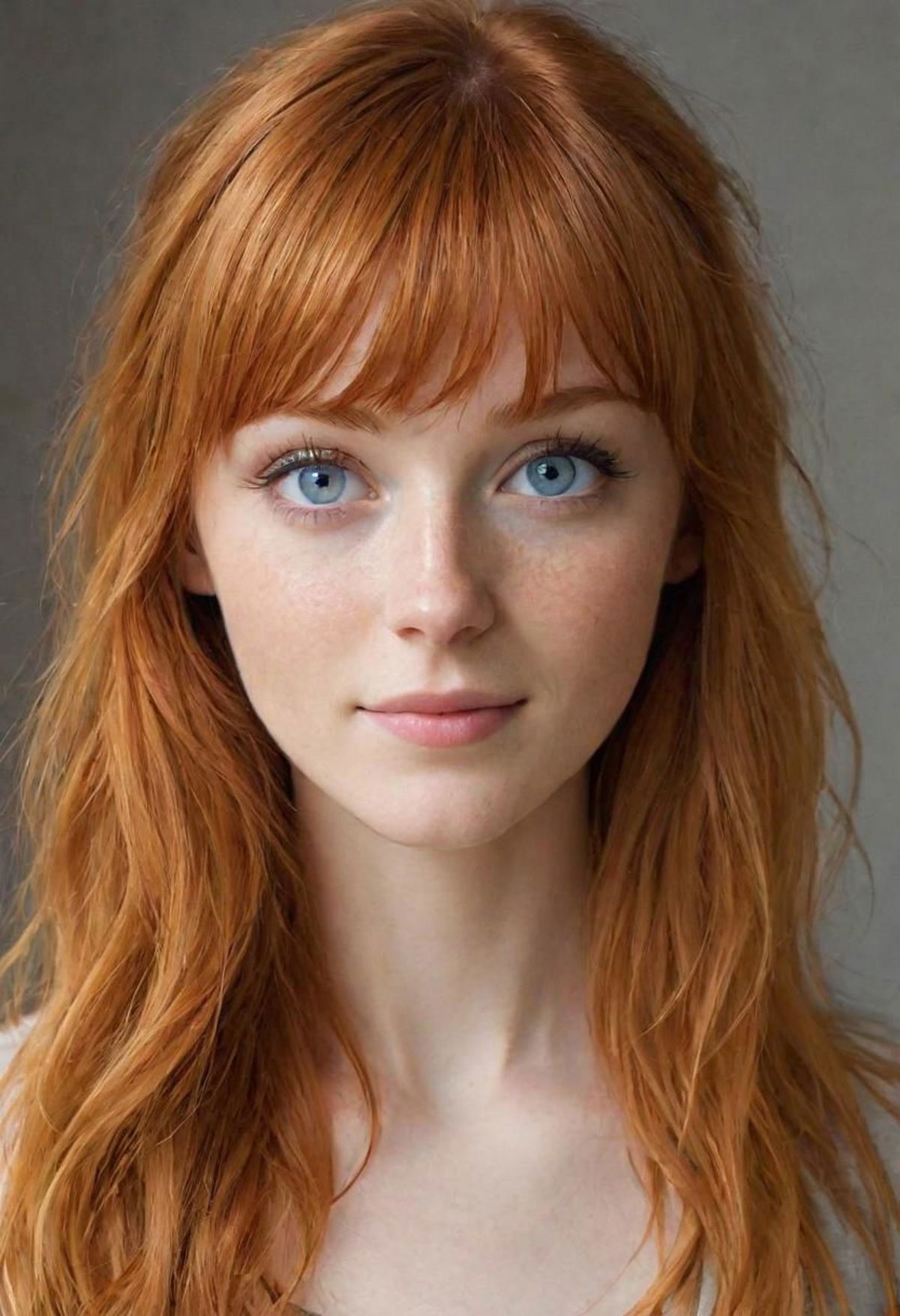 A red-haired woman with blue eyes and a smile.