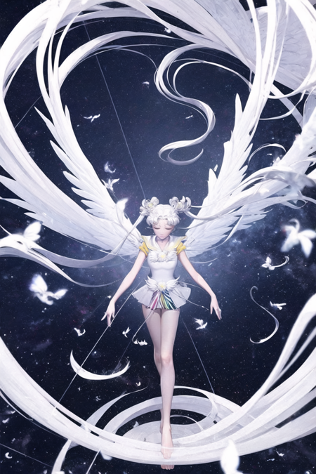 <lora:Sailor_Cosmos-10:1>  Sailor Cosmos, 1girl, solo, wings, long hair, white hair, hair bun, twintails, double bun, white wings, magical girl, bare legs, facial mark, closed eyes, skirt, jewelry, very long hair, sailor collar, barefoot, hair ornament, crescent