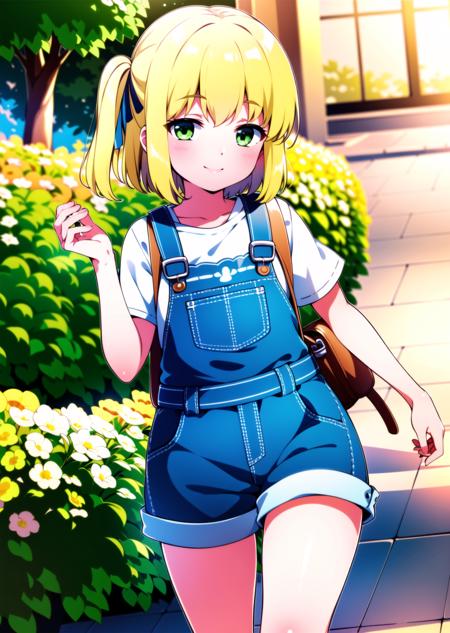 ((masterpiece)), ((best quality)), ((highres)), ((extremely detailed CG unity 8k wallpaper)), solo, <lora:gekka:0.8>, gekka, backpack, outdoors, overalls, shorts, stockings, smile, taiyaki, green eyes, blonde hair,