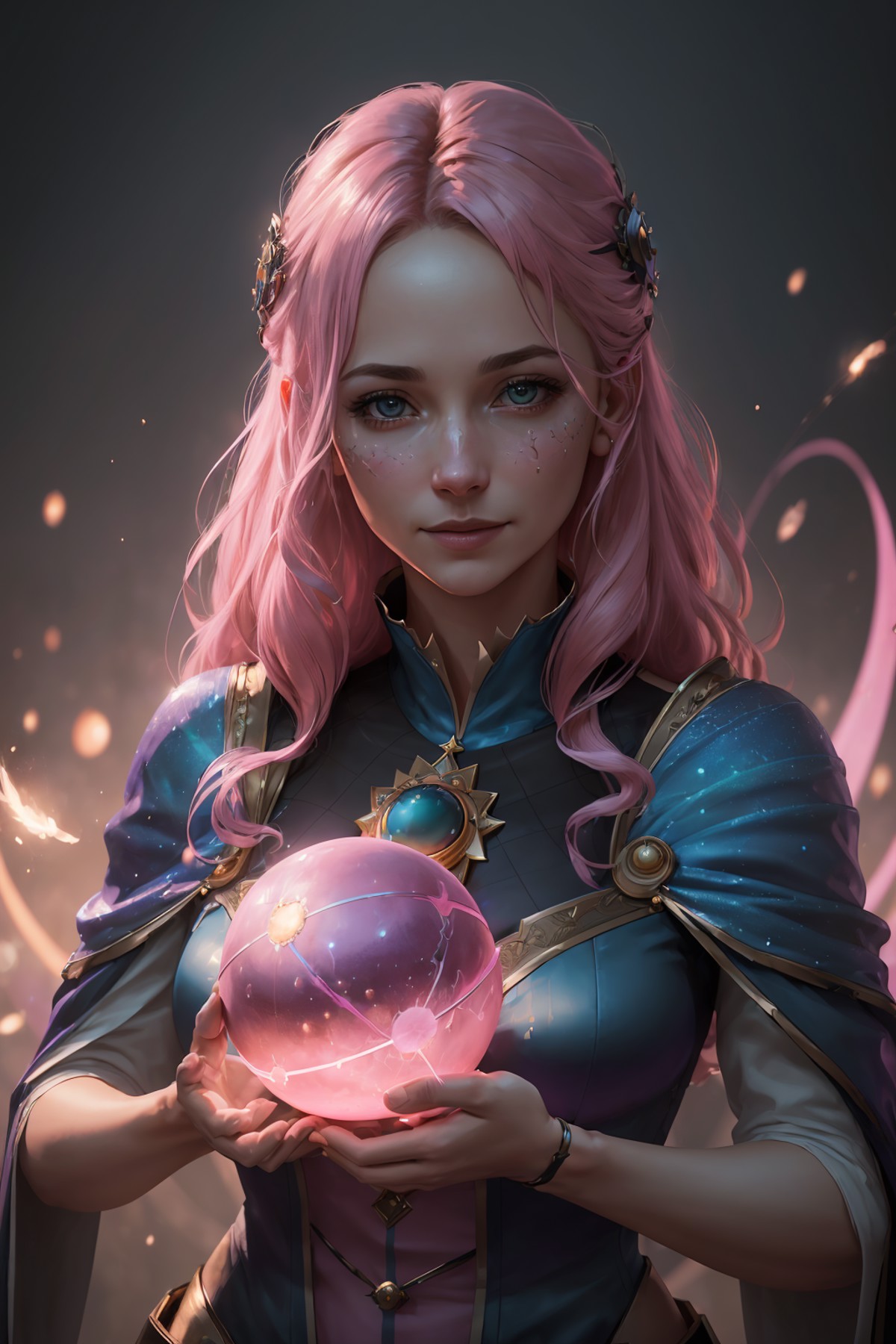 (magic sparks, mage,cosmos,Maria,hold pink magic ball, fatnasy:1.3),1girl,smile,looking at viewer,(intricate details), 8k ...