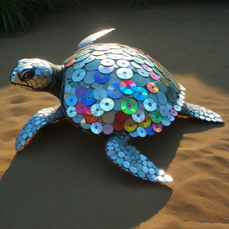 sea turtle made of cd's, Turtle Sculpture, CD Discs, Recycled Art, Colorful Reflective Surface, Creative Design, 3D Art Installation, Environmental Art, Upcycled Materials, Nature-Inspired, Artistic Composition, Playful Appearance, Shimmering Effect, Textured Shell, Eco-Friendly Artwork, Whimsical Style