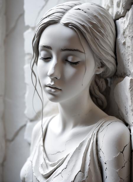 Weeping beautiful girl captured in a living statue made of white stone, white background, cracks in the stone, total absence of shadows, very gentle light, only white tones, falling stone, dust, haze, miniature, macro,