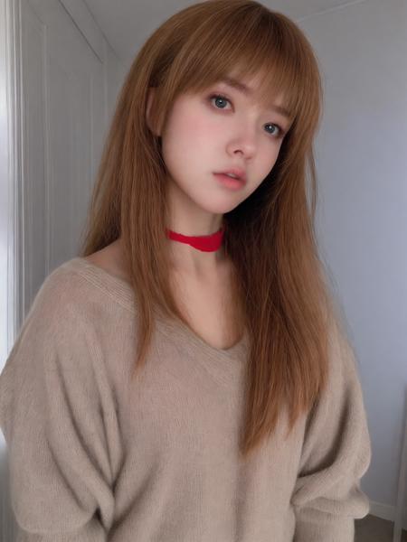 instagram photo, closeup face photo, dirya, aska, 1girl, long red hair, beautiful, young, (sweater:1.3), chocker, <lora:dirya:0.65>