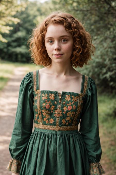 RAW Photo, close up portrait, BREAK
Sophia Lillis with curly hair, BREAK
Medieval, (Scottish, young woman, Sophia Lillis, standing outside), BREAK
thin, wearing emerald green colored clothes, long medieval dress, Turmeric colored, curly Copper hair, freckles, BREAK 
folklore, traditional maid dress, green colored, BREAK
photorealistic, soft lighting, vibrant colors:1.8, 105mm professional photography, (vintage style:0.25), (high detailed skin:1.2), 8k uhd, dslr, soft lighting, high quality, film grain, Fujifilm XT3, BREAK 
<lora:add_detail:0.25>, Scottish highlands, castle