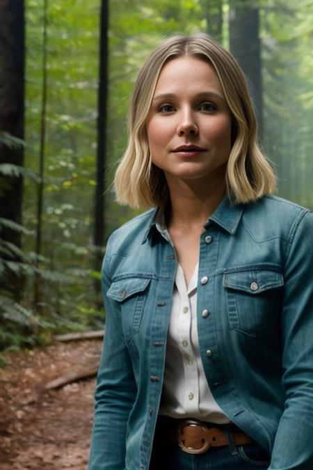 photo of KristenBell2, half shot, looking at the camera, forest background,  detailed face, intricate, soft lighting, masterpiece, beautiful,