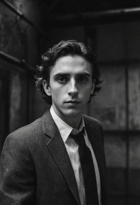 tyson_dayley <lora:tyson_dayley-08:0.75> , urban gritty location, posing in an industrial setting with steel beams,  Timothy tchalamet, natural lighting, dramatic directional lighting, bold confident mood, black and white Peter Lindbergh photography