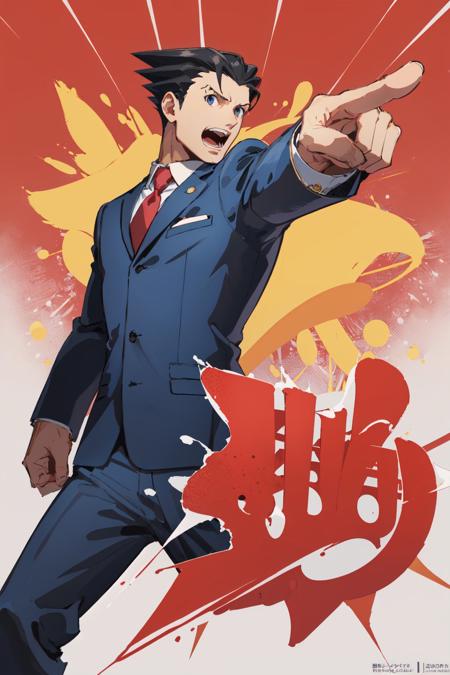 (masterpiece, best quality:1.2), <lora:aa_dp-11:1.0>, upper body, solo, male focus, 1boy, phoenix wright, open mouth, looking at viewer, objection, pointing, black spiked hair, formal, blue suit, red necktie