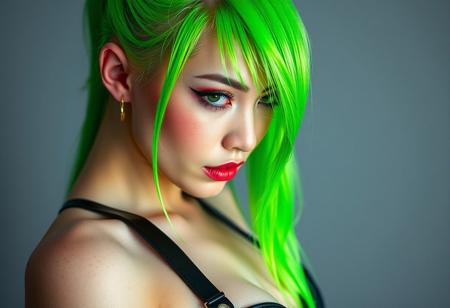 score_9, score_8_up, score_7_up, score_6_up, score_5_up, score_4_up, 1woman, RAW photo, (freckles:0.8), long ponytail, neon green hair, medium close-up shot side view, latex corset (busty 44d:1.5), extremely detailed, beautiful detailed green eyes, full lips, pale skin, neutral expression, neutral gray background, studio lighting , in the style of (kyuYong Eom:1.0)