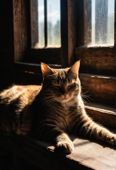 sleeping cat lying on window sill, dusty, god rays, HDR,  dark  barn, spotlight,   (cinematic),  (film grain)