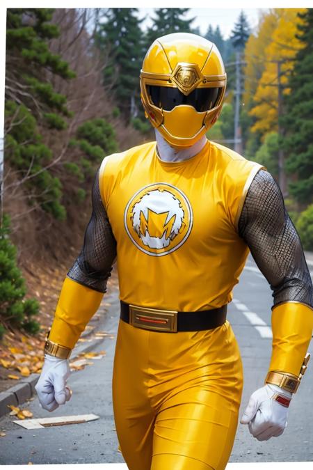 nsyellow, helmet, fishnets, belt, 1boy, male focus, ninja, yellow bodysuit, yellow pants