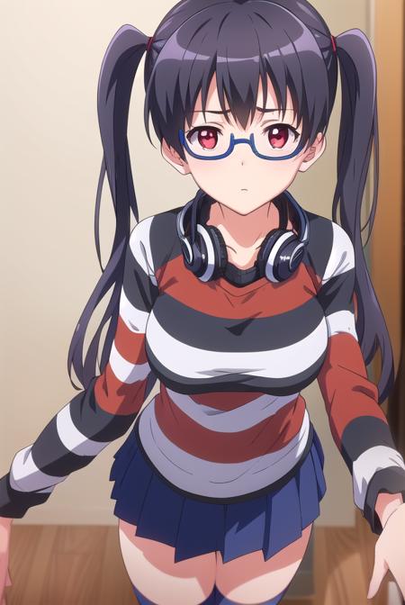 iorikousaka, <lyco:iorikousaka-lyco-nochekaiser:1>, 
iori kousaka, black hair, twintails, glasses, (red eyes:1.5),
BREAK skirt, thighhighs, pantyhose, (striped sleeves:1.5), shirt, headphones, t-shirt, clothes writing, semi-rimless eyewear, headphones around neck, raglan sleeves,
BREAK looking at viewer,
BREAK indoors,
BREAK <lora:GoodHands-vanilla:1>, (masterpiece:1.2), best quality, high resolution, unity 8k wallpaper, (illustration:0.8), (beautiful detailed eyes:1.6), extremely detailed face, perfect lighting, extremely detailed CG, (perfect hands, perfect anatomy),