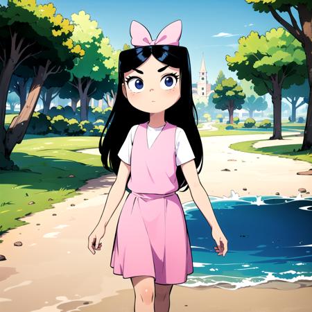 1girl, solo,  black eyes, black hair, blue eyes, hair bow, isabella garcia, long hair, white shirt, pink dress, child, white socks, 