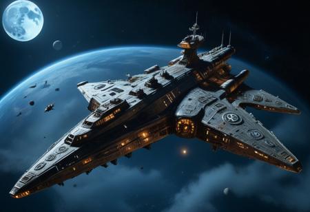 "In a desolate moon with no natural light, an ancient star battle ship cruiser floats in orbit. Its hull is corroded and adorned with mysterious symbols, hinting at a long-lost civilization. As you approach, a ghostly whisper echoes through the void, followed by the sound of unexplained creaks. Inside, dark shadows seem to move on their own, revealing a haunted space station filled with terrifying artifacts and memories from an extinct species." 8K, hyper detailed hull hatches , windows ,battle guns, damage from battle,