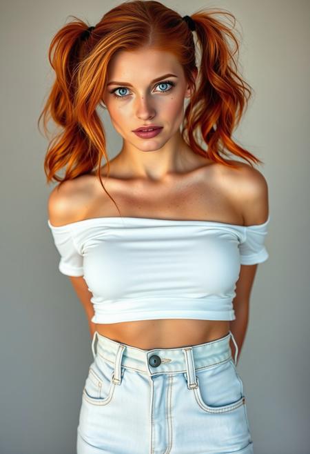 A professional photograph of a stunning, 25-year-old woman with fair skin, freckles, piercing blue eyes, and a cascade of red hair styled in long, playful pigtails. She wears natural, barely-there makeup and a casual, yet sexy outfit - a white, off-the-shoulder crop top that highlights her collarbones and a pair of high-waisted, light-wash jeans that accentuate her figure. The image is captured in perfect lighting and with meticulous attention to detail, showcasing her beauty in a realistic and captivating manner.