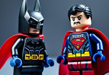 Photorealistic image of Lego figurines of batman and superman, captured in high detail, with vibrant colors and sharp focus, highlighting the characters' iconic features in a lifelike and playful way