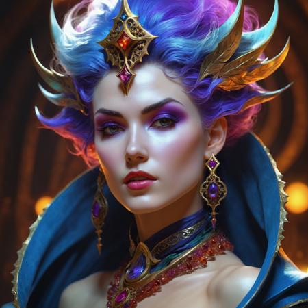 award winning digital art by gerald brom, style of elden ring, close up, fractal hairstyle of a beautiful sorceress, chroma, colorful, vibrant, gleaming, rim lighting, volumetric, 8k resolution, trending on art station