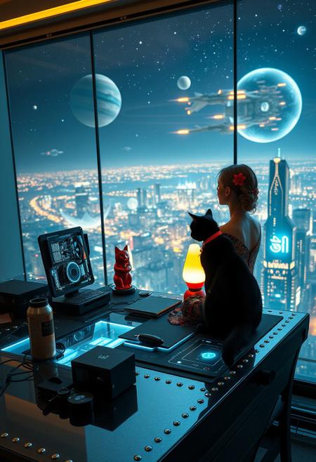 A sleek black cat with red collar sits on a cluttered metal riveted desk with transparent top and micro-LED lighted computer components visible inside, On the desk are a maneki neko statue and a lava lamp, the Black Cat is looking out of a seamless and futuristic floor to ceiling window that looks out at the lights of enormous buildings and cities far below, (((a beautiful woman, 24 years old, is sitting at the desk working on a holographic computer that displays planets and space ships floating in the air in front of her,  the cat is sitting on the desk and looking longingly out the window, the woman is dressed in an ornate elegant Art-Deco Chinese style dress. An enormous deco-cyberpunk starship with futuristic lighting and an enormous space station are visible in the background among the stars, The woman's hair is elegantly tied up with a ribbon. Artistic cyberpunk, dynamic perspective, (((overall architectural aesthetic is Art Deco Cyberpunk))).  Epic image that elicits a feeling of wonder and awe, part of the interior is visible,