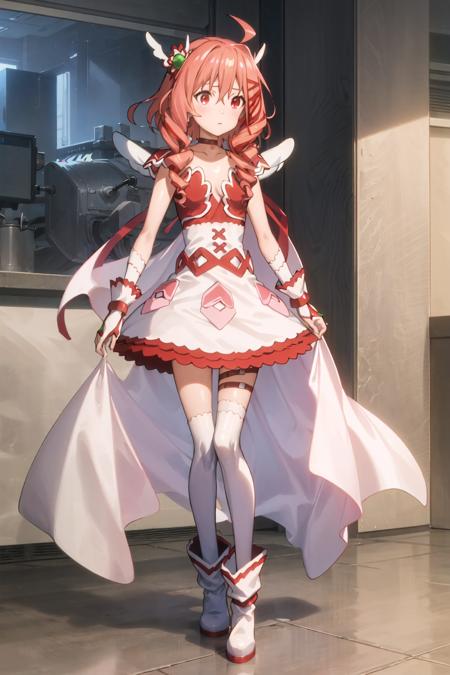 madoi white thighhighs white footwear ankle boots fingerless gloves hair ornament red choker cape wings drill hair pink hair red eyes