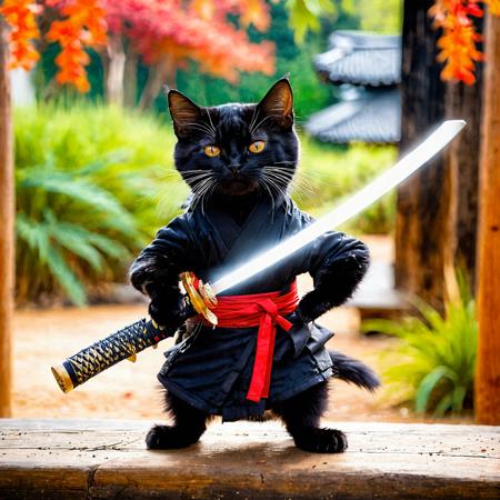 A black cat standing tall on legs, dressed in a ninja costume, The cat is covered in soft sleek fur, mysterious aura, holds a katana sword, ready for action, The background is an outdoor setting with earthy tones, a natural and serene atmosphere, peaceful surroundings, the ninja cat stands ready, embodying the spirit of a warrior, <lora:XL_Weapon_Katana_-_By_HailoKnight:1>, <lora:MJ52:0.4>