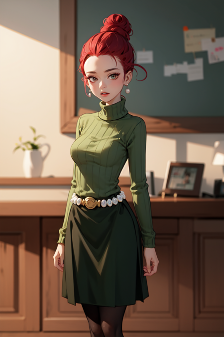 AgnesJohnson, 1girl, solo, red hair, single hair bun, black eyes, eyeshadow, wide hips turtleneck sweater, belt, skirt, pantyhose, shoes, hair pencil, pearl earrings