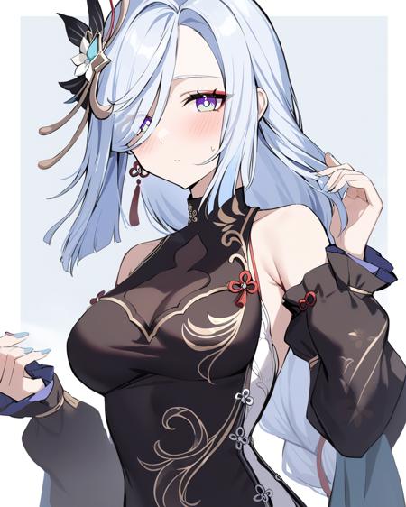 masterpiece,best quality,<lora:shenhe_new:1>,girl,shenhe_\(genshin_impact\),long_hair,hair_ornament,solo,breasts,looking_at_viewer,detached_sleeves,blush,tassel,dress,hair_over_one_eye,blue_nails,chinese_clothes,bangs,black_dress,border,upper_body,blue_eyes,eyes_visible_through_hair,bare_shoulders,nail_polish,closed_mouth,medium_breasts,flower,china_dress,white_hair,alternate_costume,