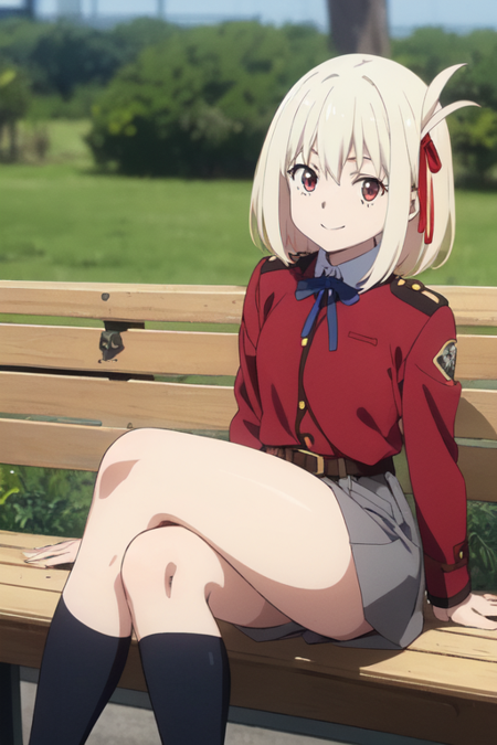 chisato nishikigi, anime style, medium blonde hair, red ribbon tied in a bow on the left side of the hair, red eyes, perfect and detailed lycoris recoil uniform with blue ribbon, red belt, black knee-high socks, brown loafers, perfect anatomy, happy face