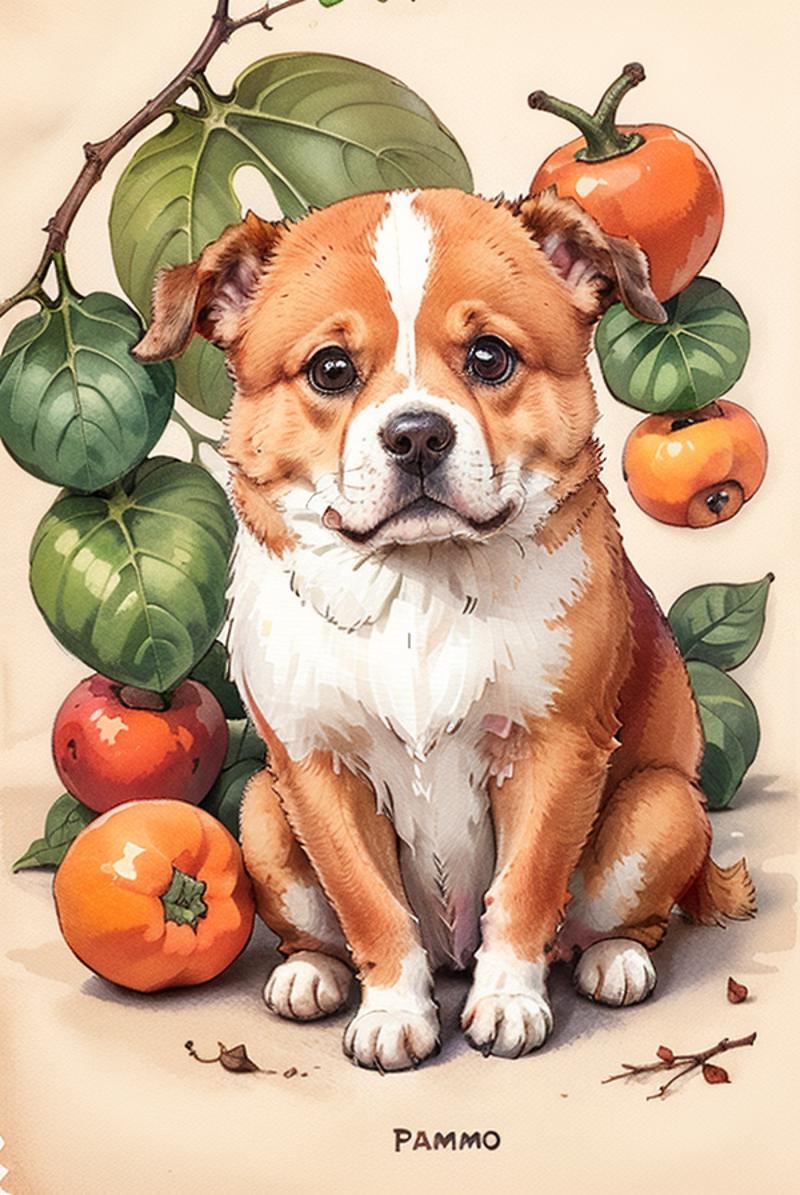 The image features a dog sitting next to a pile of fruits. The dog is positioned in the foreground, while the fruits, including apples and oranges, are in the background. The dog appears to be looking at the camera, creating an eye-catching scene. The fruits are arranged in various sizes and positions, adding visual interest to the composition.