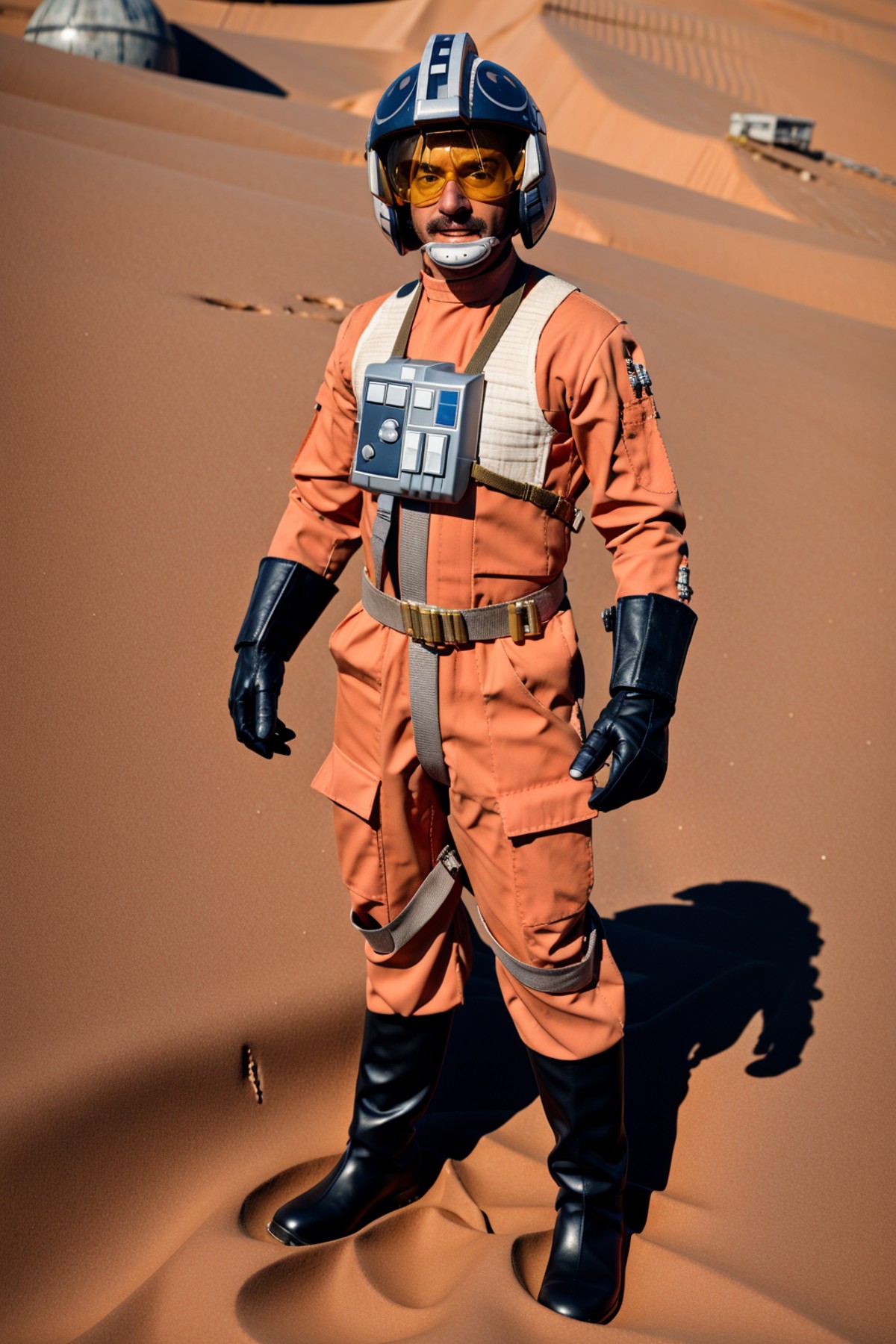 blond man withmoustache in rebel pilot suit,wearing helmet,tatooine<lora:RPSV3:0.8>
