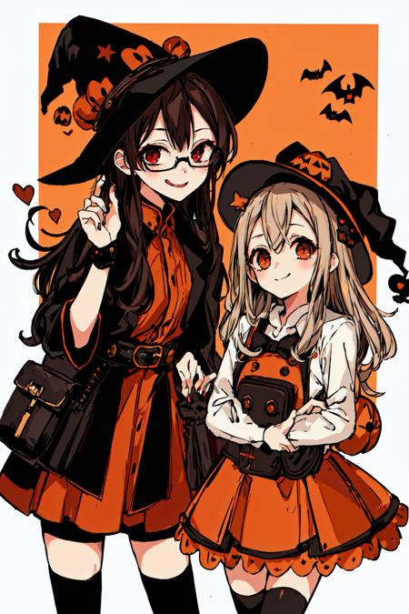 masterpiece, intricate detail,best quality, <lora:AidaIro:0.7>hat, witch hat, multiple girls, black hair, tongue out, halloween, tongue, open mouth, blonde hair, smile, long hair, belt, nail polish, looking at viewer, 2boys, holding, 2girls, multiple boys, heart, brown hair, witch, shorts, jack-o'-lantern, halloween bucket, black eyes, halloween costume, red eyes, blush, glasses, pumpkin, bangs, 3girls, dress, chibi, jiangshi, long sleeves, wand, candy, :q, skirt, standing, brown eyes, leg up, pouch, thigh strap,