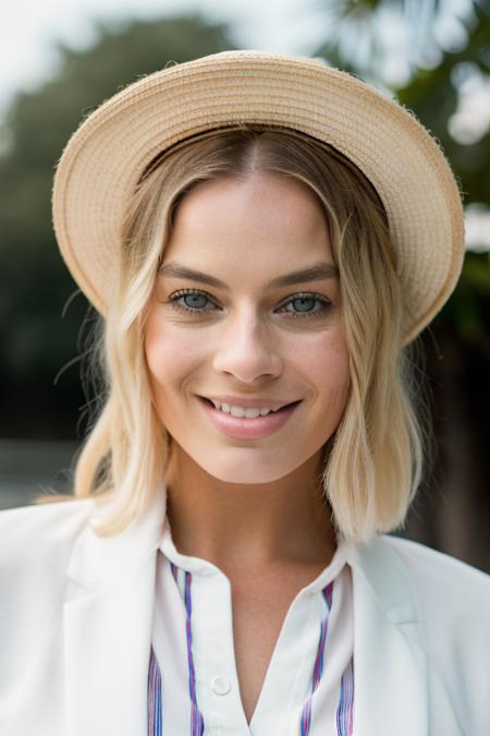 Realistic photo of a beautiful m4rg0tr-v2 woman, 1girl, solo, long hair, looking at viewer, smile, open mouth, blue eyes, blonde hair, simple background, shirt, hat, white background, upper body, teeth, striped, grin, lips, white headwear, portrait, sun hat, striped shirt, realistic, soft lighting, professional Photography, Photorealistic, detailed, RAW, analog, sharp focus, 8k, HD, DSLR, high quality, Fujifilm XT3, film grain, award winning, masterpiece<lora:m4rg0tr-v2:1.0>