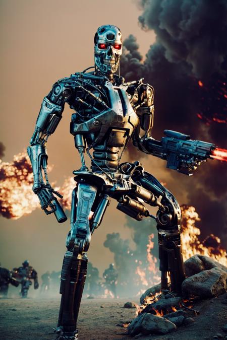 <lora:T800Endoskeleton-10:0.8>, (RAW photo, real life, absurdres, high quality, photorealistic, detailed, realistic:1.3), (solo:1.3), ((dynamic pose)), a high resolution photo of a T800Endoskeleton robot with red eyes and metal skull face and chrome metal body and holding a futuristic  gun, standing on a hill of skulls,  dark sky and smoke and explosions and robots and post apocalypse war in the background, cinematic, atmospheric, 8k, realistic lighting, shot by Hassleblad H6D, Zeiss, Kodachrome, nikon, 50mm 1.2 lens, Octane Render, ultra realistic, realistic lighting, photorealistic, photorealism, photoreal, unreal engine 5, Adobe After FX, highly detailed, intricate detail