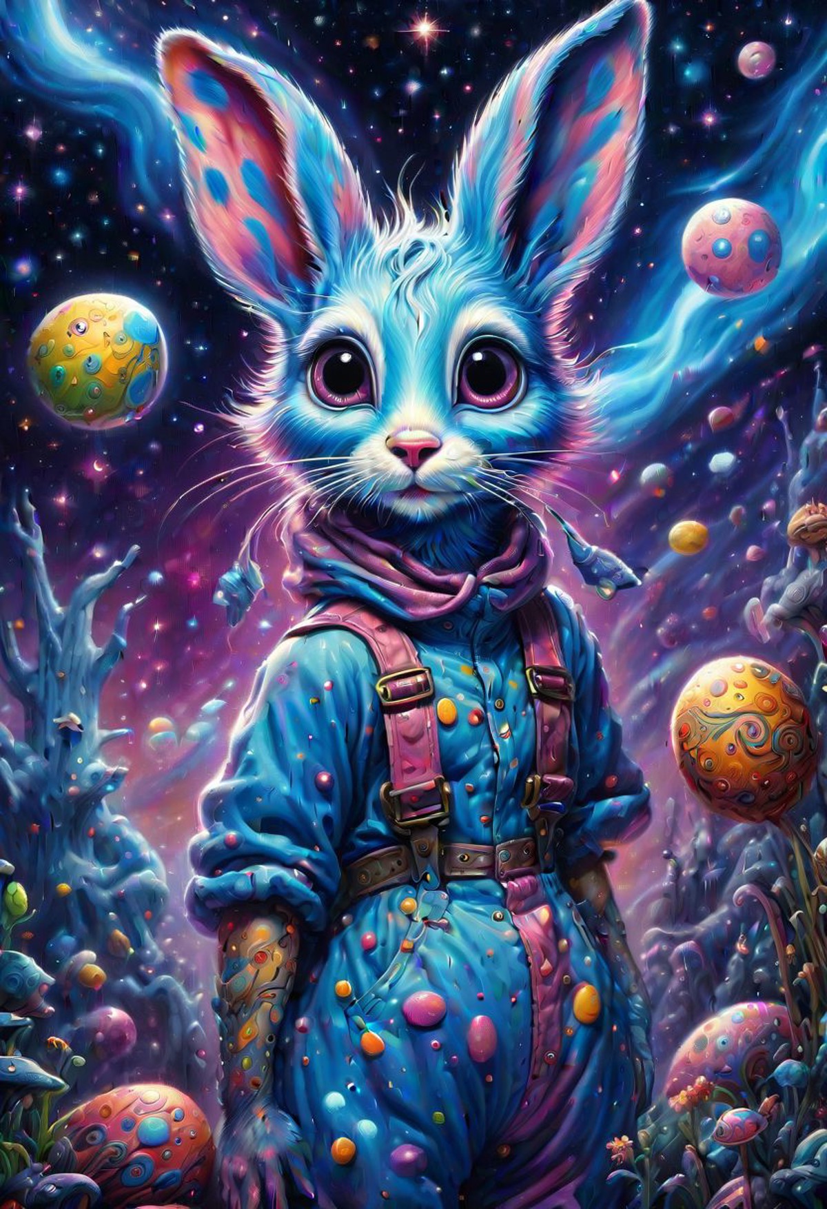 Dreamlike acrylic painting. The adorable humanoid Easter bunny, dressed in overalls with suspenders, all covered with pain...
