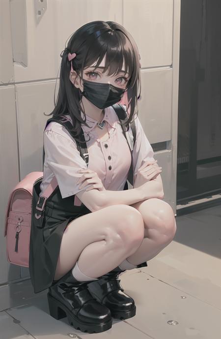 (masterpiece, best quality:1.3),

full body,small breast,shot from above,

1girl,15 years old,
squatting , jirai fashionin pink and black, long hair, black hair, pink highlights  , white lase socks, black platform boots, black mask, pink backpack,looking at viewer,
<lora:jirai:0.8>,

night, street, neon,