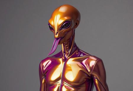 abstract male alien model in latex shiny full body outfit  avant-garde style with reflective gold and purple bold Color Scheme   He has a small nose and slim mouth with a long tongue