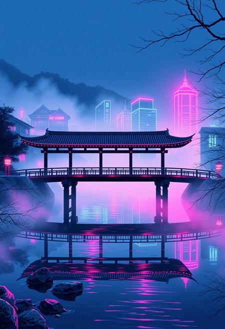 A traditional Japanese bridge over a misty river, but with neon reflections shimmering in the water.
Ukiyo-e inspired composition, bold graphic linework, neon cyberpunk lighting, soft atmospheric mist, Edo-period architecture mixed with modern urban landscapes, deep blues and electric pinks, cinematic contrast, stylized nature elements, traditional meets futuristic