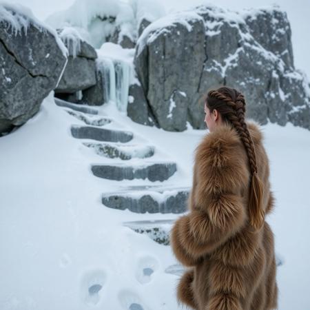 ice-covered stone steps cut in side of mountain, footprints frozen in ice, lovely 25yo woman looking at steps, dressed in animal skins, hair braided